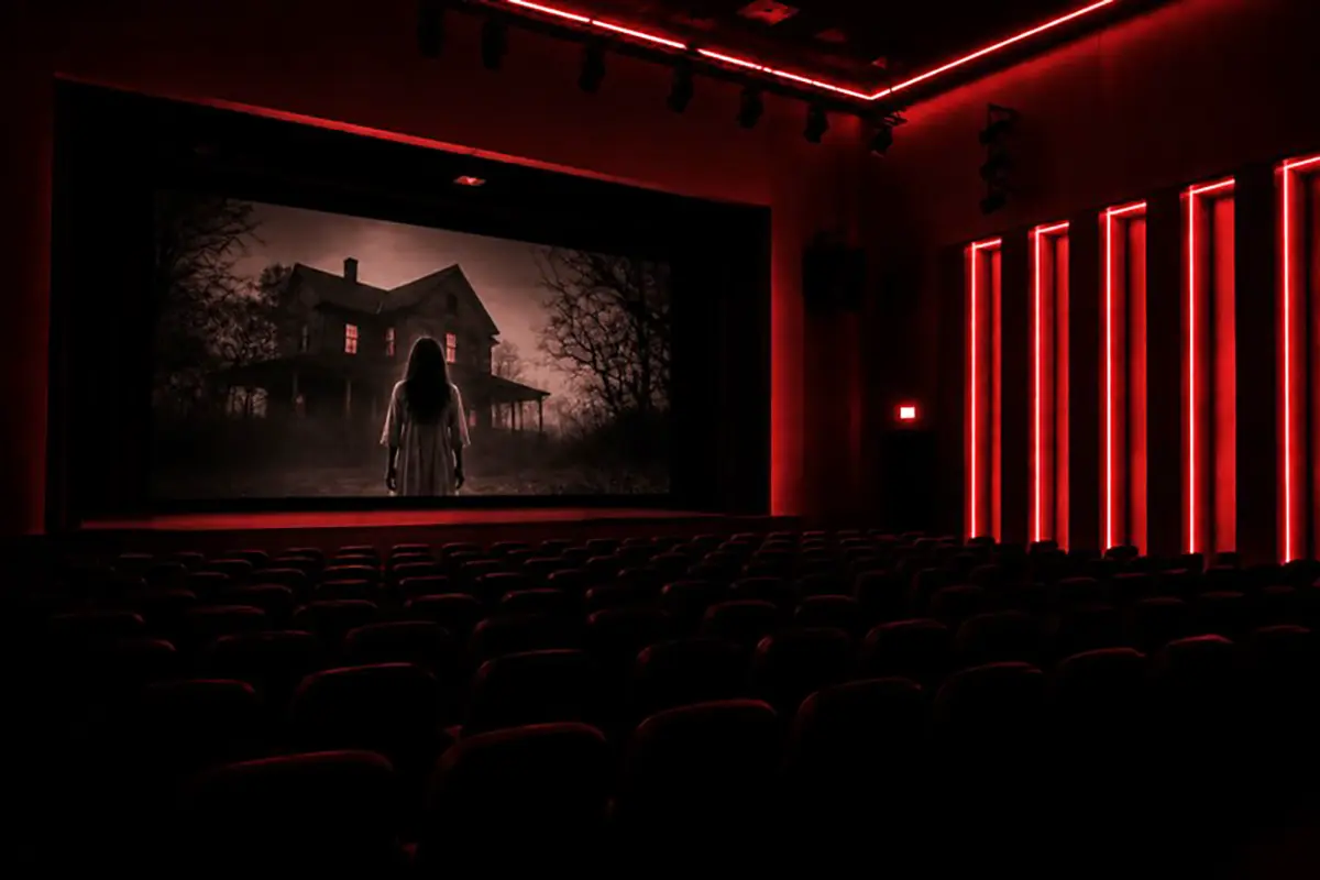 Mujer pelirroja sentada en las butacas de un cine