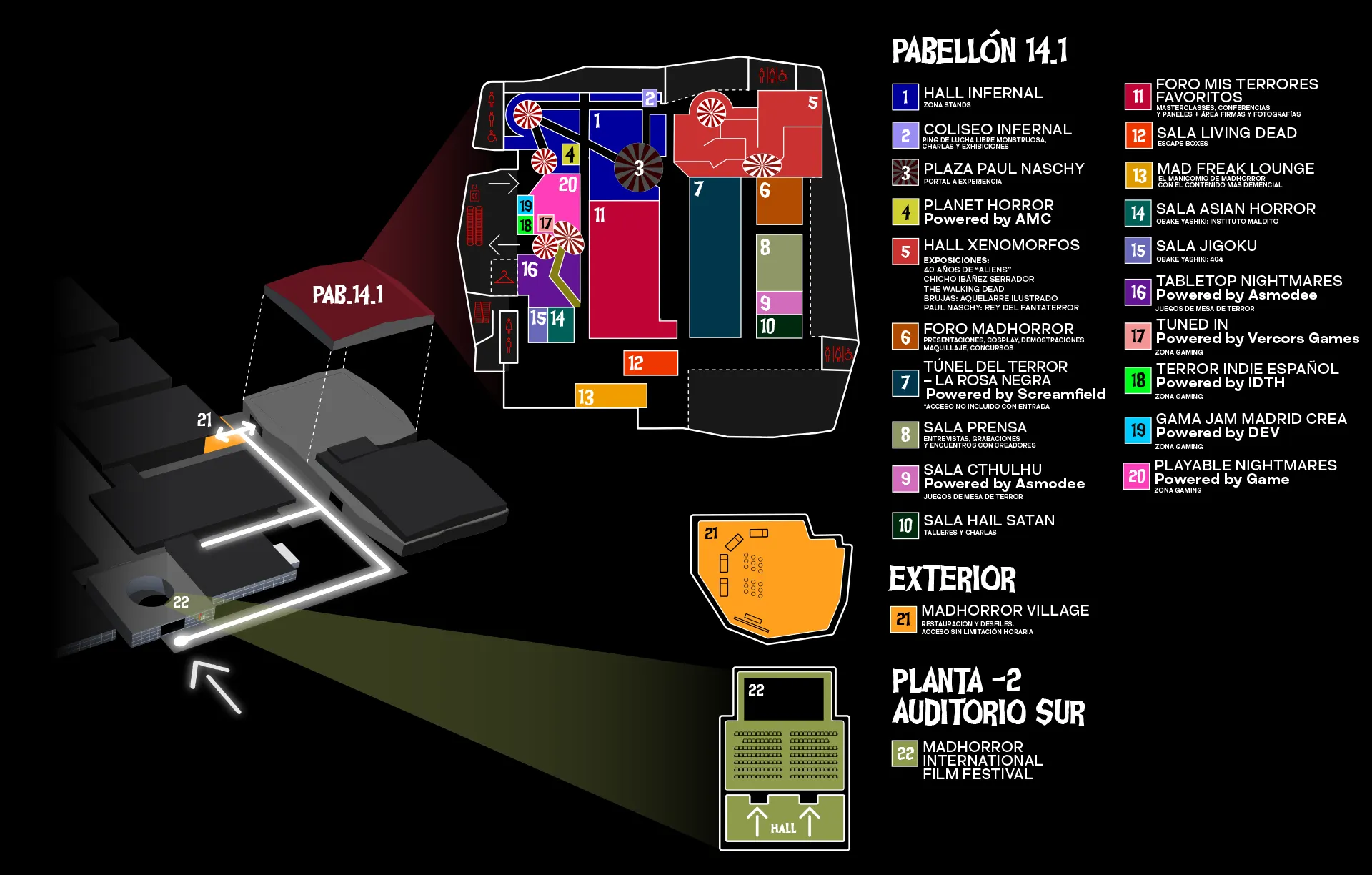 Plano de MADHORROR: Pabellón 14.1, MADHORROR Village en el exterior y Auditorio Sur en la planta -2. Consulte la descripción detallada.