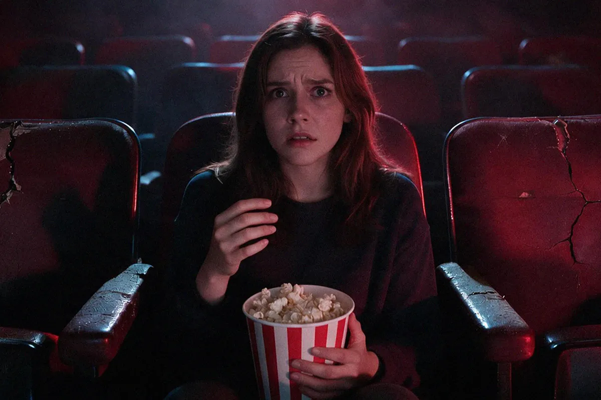 A woman watching a horror film in a cinema