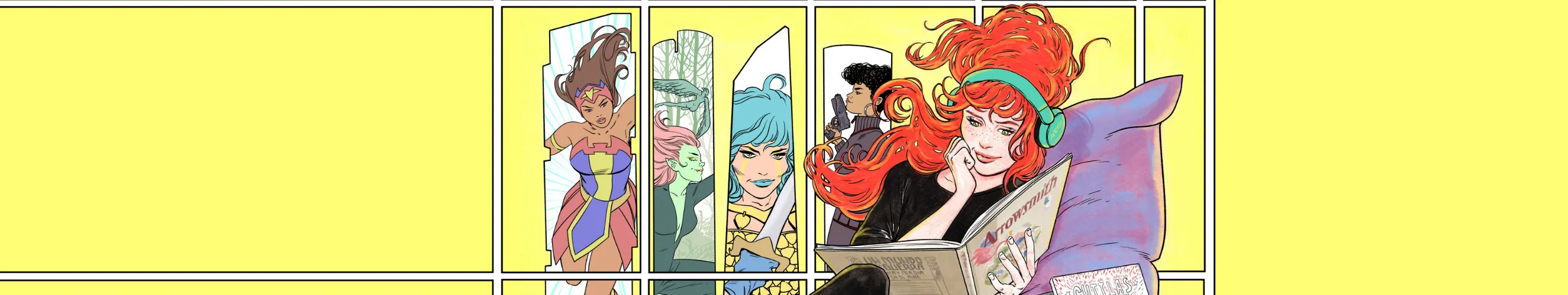 Heroine illustration with many comic characters reflected in her sword.