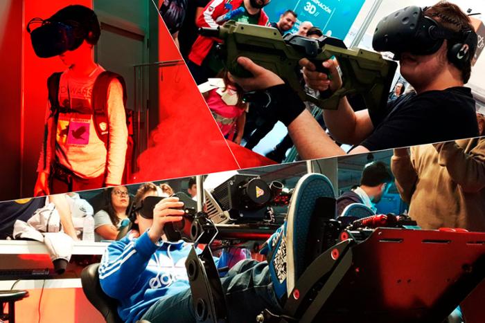 Composición de varias imagenes con usuarios de gafas VR.
