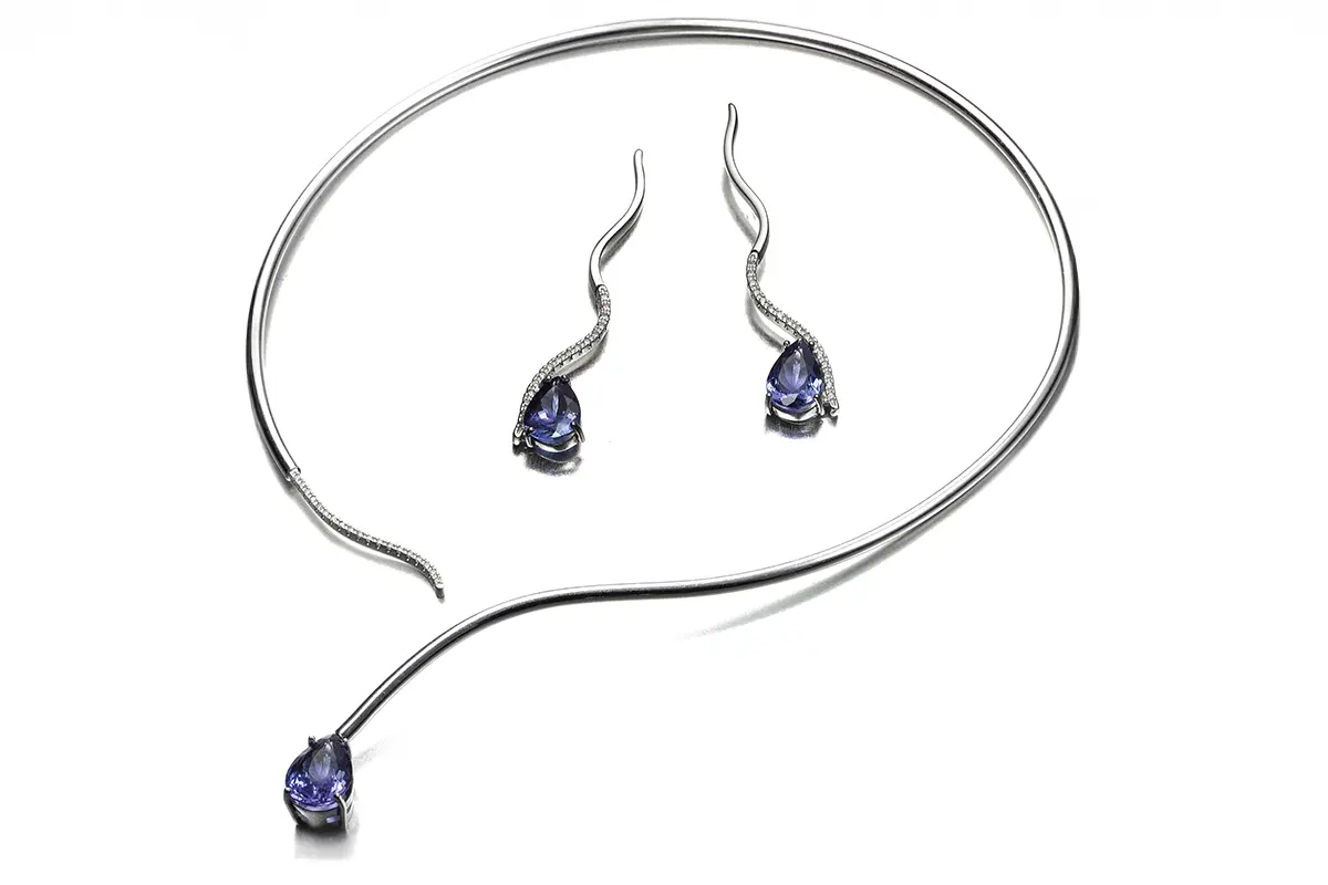 Collar y pendientes plata con diamantes y piedra azul en Madridjoya