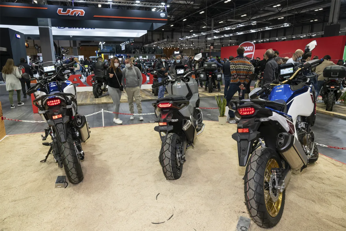 Motorbikes on a trade fair stand