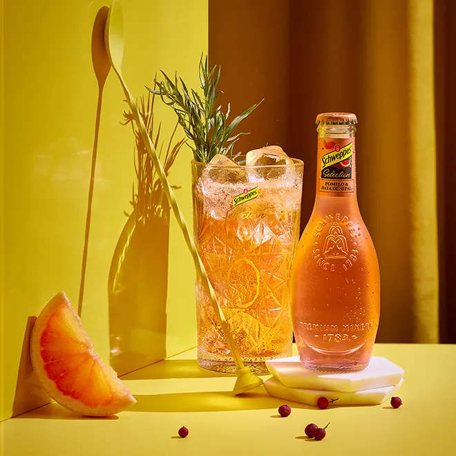 Pitcher and bottle of Schweppes at Mercedes-Benz Fashion Week Madrid