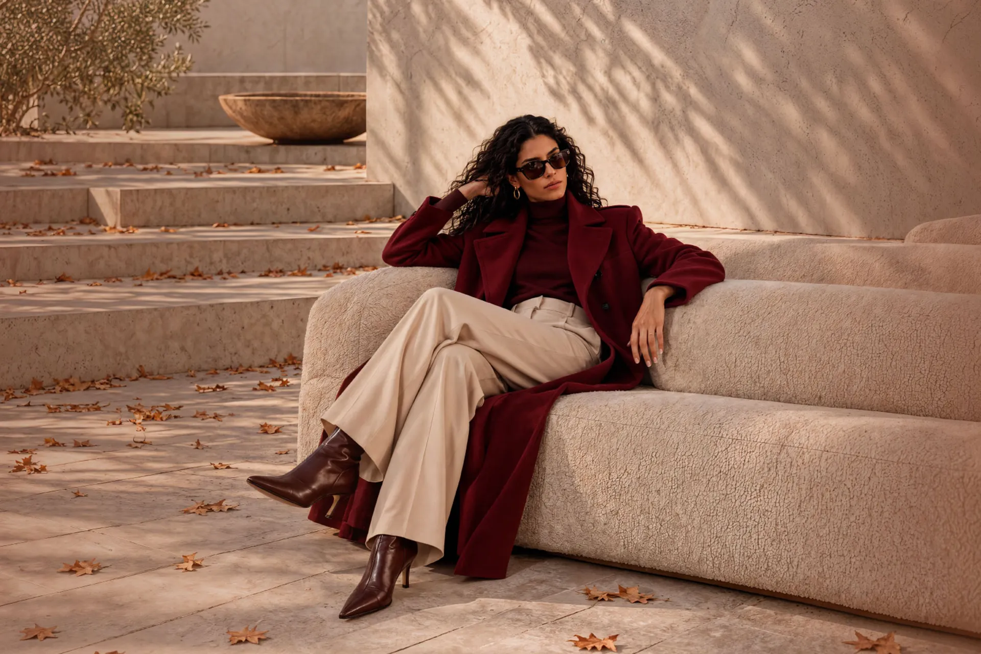 mujer elegante sentada en un sillón de diseño en una terraza con escalones en momad 2026