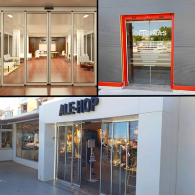 A collage of three glass entrance doors to offices and commercial premises.
