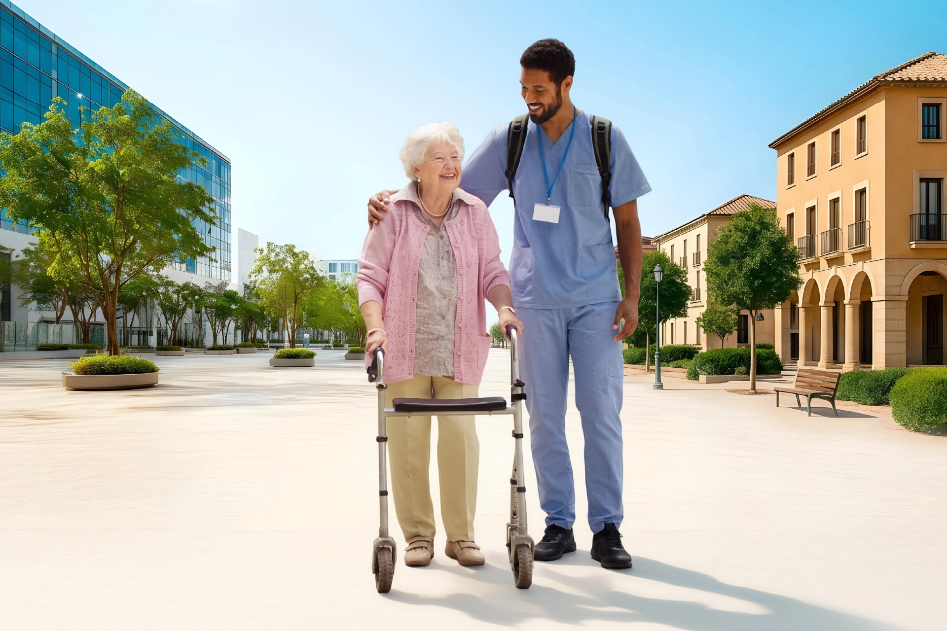 chico acompañando por la calle a persona mayor a SOCIOCARE
