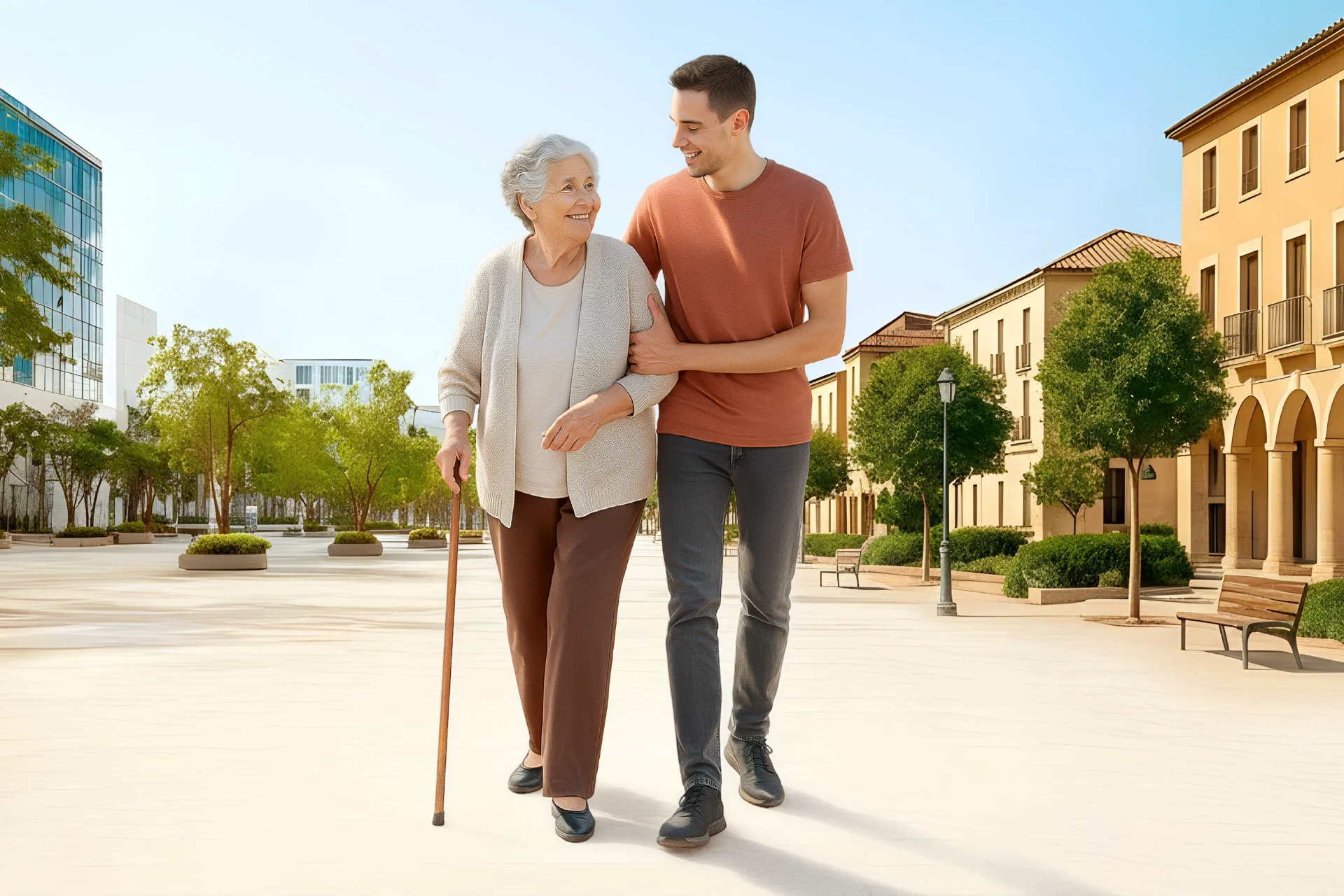 chico acompañando por la calle a persona mayor a SOCIOCARE