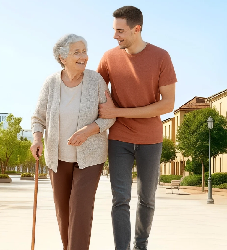 Enfermera y paciente mayor en silla de ruedas en SOCIOCARE