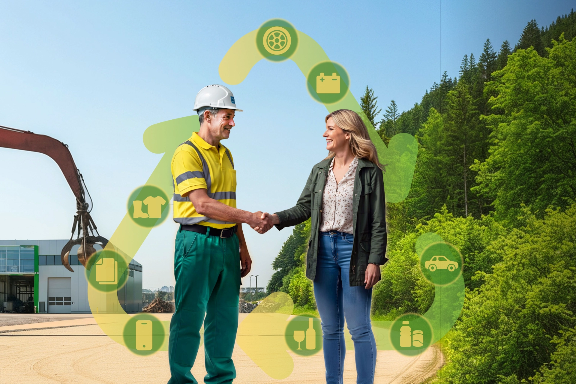 personas dándose la mano con iconos de reciclaje SRR