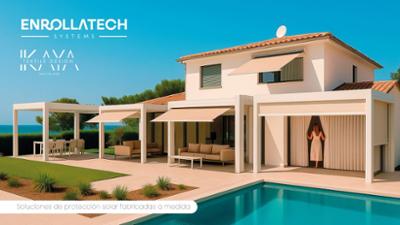 Vivienda moderna con toldos y sistemas de protección solar a medida junto a una piscina
