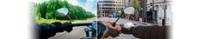 Image divided into two halves, countryside and the Gran Vía .