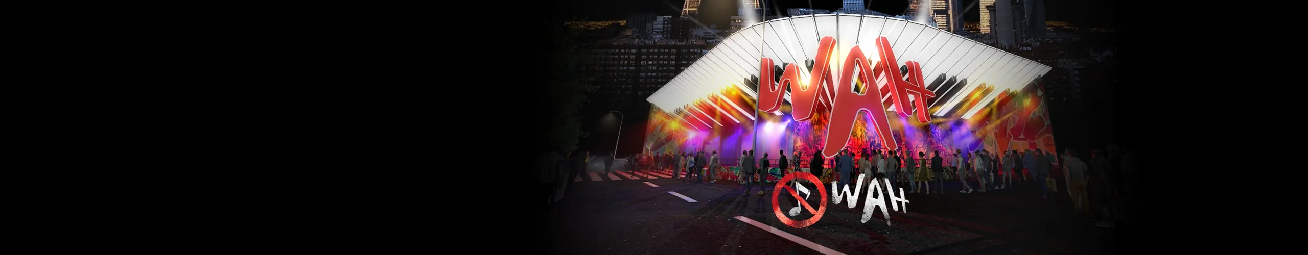 wah façade with people entering and large logo with lights